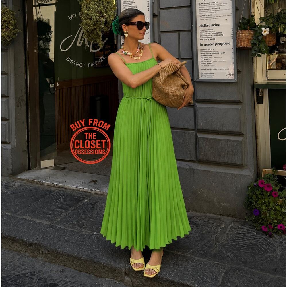 Mango NWT Lime Green Pleated Midi Dress Bow Belt 6 8 - Picture 2 of 16
